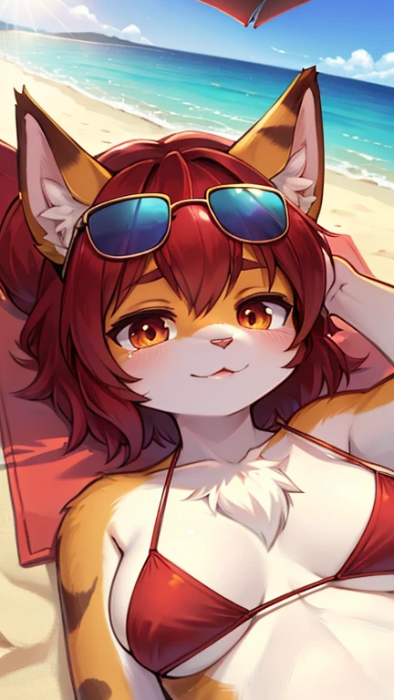 best quality, best resolution, (fluffy anthro furry), calico cat girl, maroon hair, short wavy hair, medium breast, (red bikini, sunglasses), beach, laying face down on towel, sipping soda sun rays