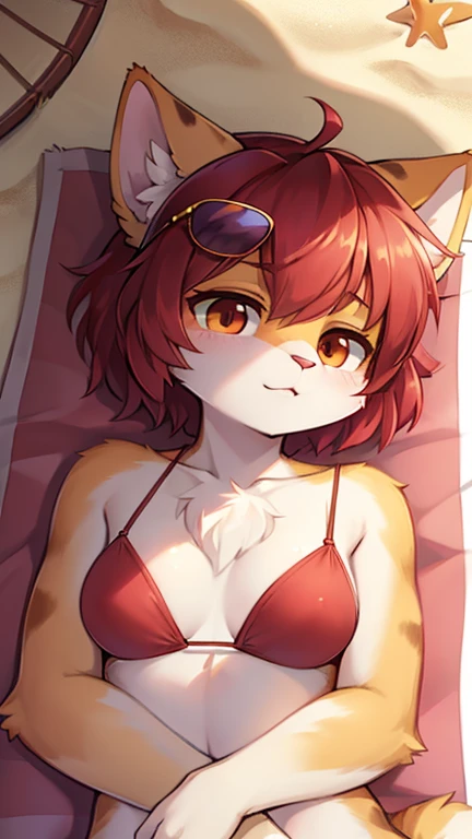 best quality, best resolution, (fluffy anthro furry), calico cat girl, maroon hair, short wavy hair, medium breast, (red bikini, sunglasses), beach, laying face down on towel, sipping soda sun rays