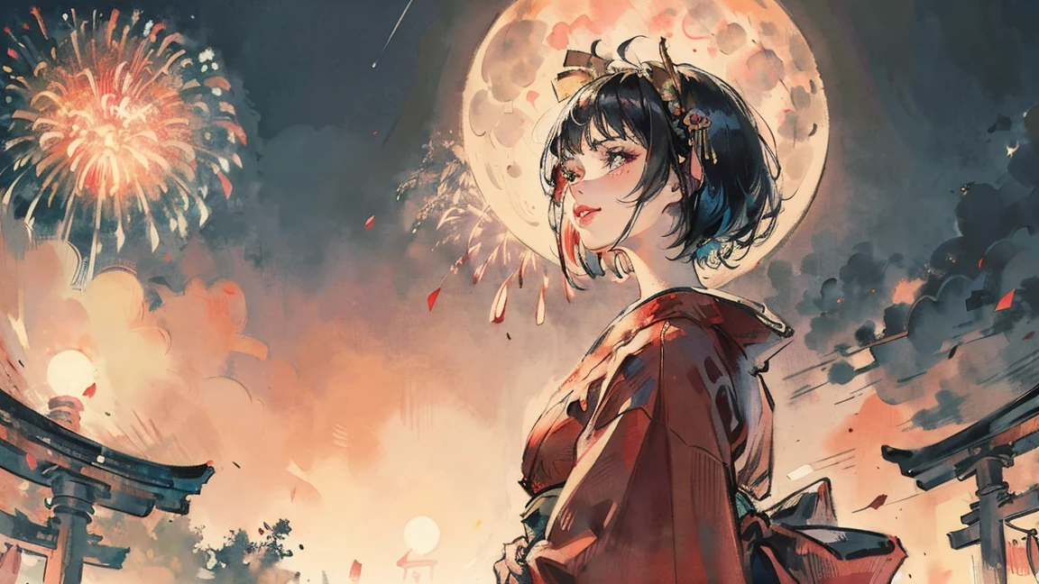 (((beautiful girl))), (((red cheek))),(((Pixie Cut))) ,(((Chuckle-Smile))),(((torii))), (((shoot from below))),(((from side))),(((Gazing Skyward))),(((night))),(((Huge fireworks))), (((Huge full moon))), (Lips are red:1.5),20-year-old, Watercolor, masterpiece, Highest quality, Very delicate and beautiful girl,Very delicate and beautiful, world masterpiece theater, Super detailed, Very detailedな, Highest quality,(((fancy red kimono)))。 (((Black Hair))), (((Black Hair))), (((Black Hair))), (((Upper Body))), (((Upper Body))), (((Upper Body))), (((Upper Body))), (((Upper Body))), (((Upper Body))), High resolution, Very detailed,5 girls, Highest quality, figure, masterpiece, Highest quality, Accuracy, A woman in her twenties from the late Edo period, He has a modern anime-like face.