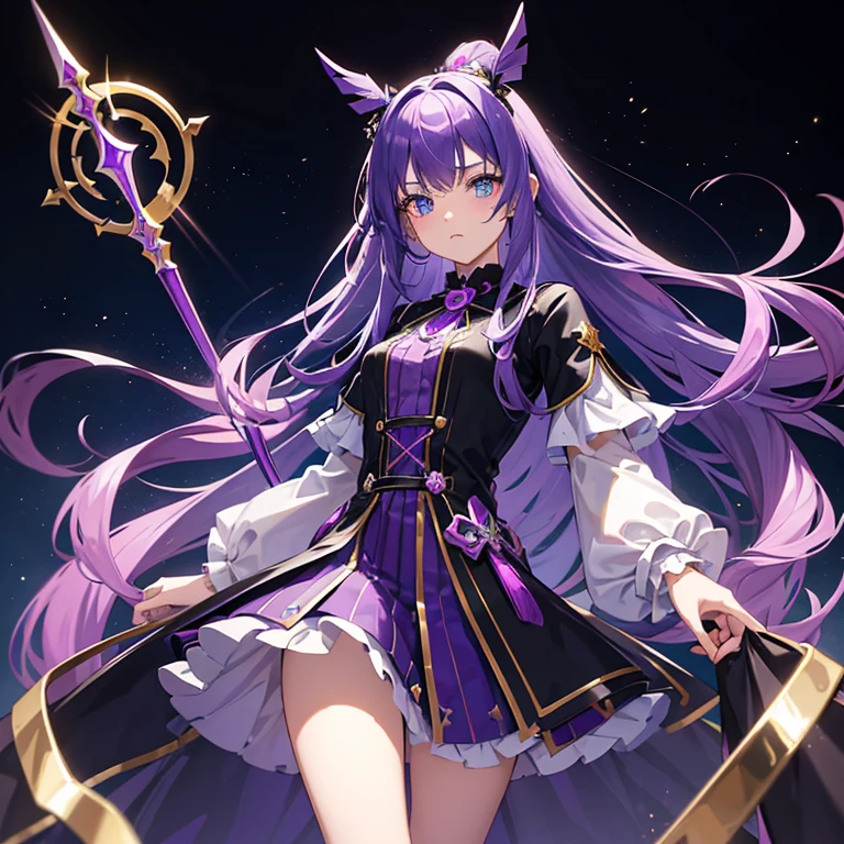 cure slave(magical girl, blue eye, purple hair, long straight hair, blue side line in dark purple dress, gold vertical line in black coat), light blue feather hair pin, broken heart accessory, light purple fling sword,