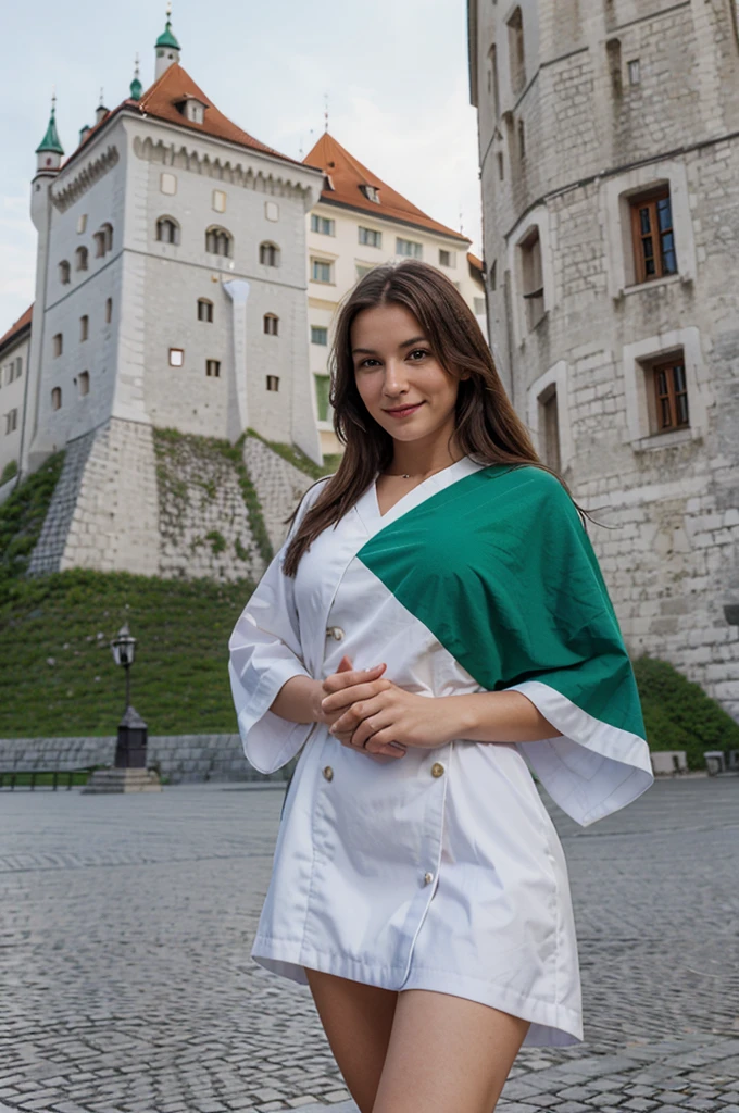 slovenia flag, lovely woman, ((to Ljubjana)), smirk, robe traditional, ((in front of Ljubjana Castle)), pretty face, pont de Ljubjana