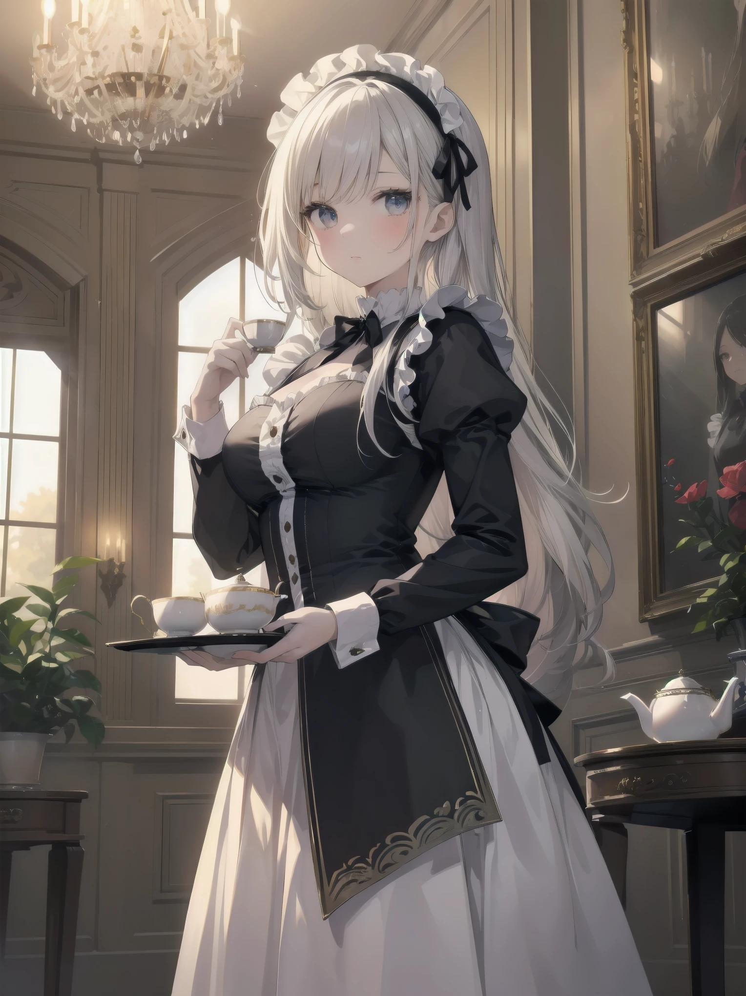 Illustration of a beautiful girl in a cute pose,(Masterpiece: 1.2), (Best quality: 1.2), A cute girl with long black hair, dressed in a classic black and white maid outfit with frilly lace and a matching headband, is standing in a beautifully decorated Victorian-style parlor. She is holding a silver tray with a teapot and teacup, her expression a mix of professionalism and warmth. The background includes ornate furniture, a chandelier, and large windows with heavy drapes, all bathed in soft afternoon light. This illustration emphasizes the elegant and welcoming atmosphere of a high-class tea service