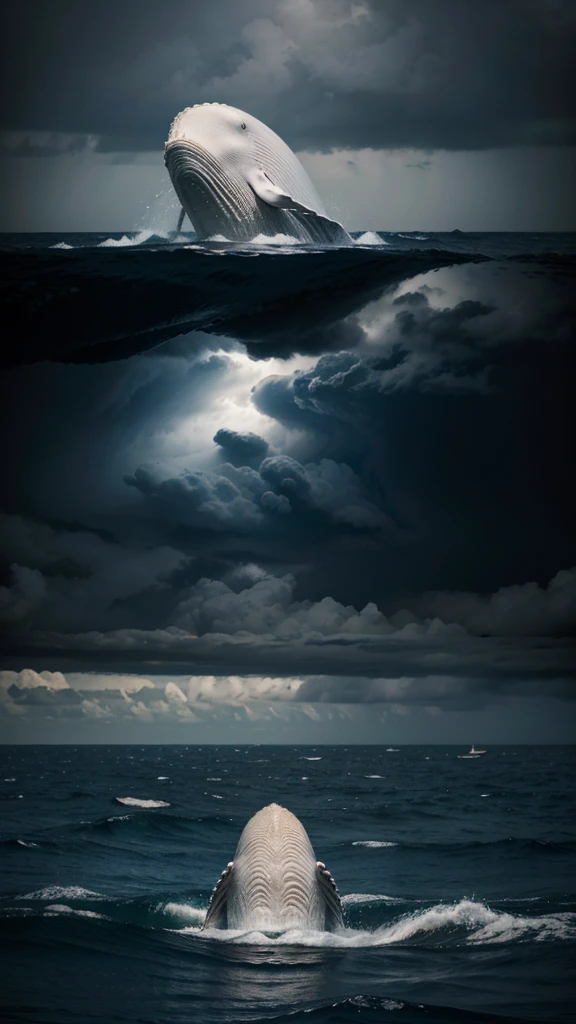 A man with white clothes swim in middle a sea.There is super big whale with mouth open in front of him. Storm everywhere. Dark sky.