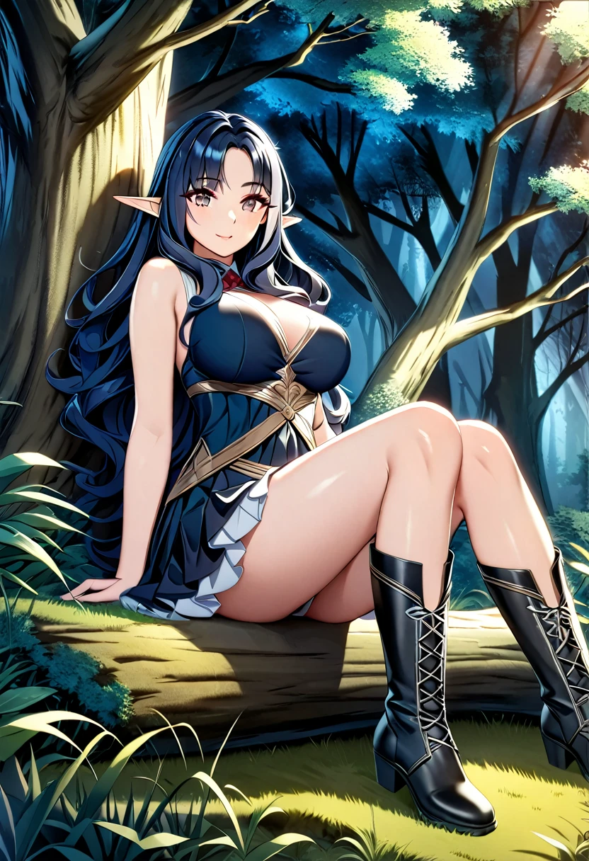 high quality, 4k, 8k, highres, HDR, UHD, masterpiece, ultra-detailed, a beautiful elf woman in a dark fantasy forest, sitting pose, legs toghether, creative angle, mature woman. short skirt, natural clothing, eld boots, extremely detailed face, medium long flowing hair, natural looking hair, rendered hair, dark blue hair, curious expression, sitting under a large tree, anime style, highly detailed, 8k, fantasy art, magical atmosphere, mossy ground, dark setting, demonic forest, dark eyes, rendered eyes, special eyes, pointed ears, detailed dress, intricate details, fantasy landscape, simple background
