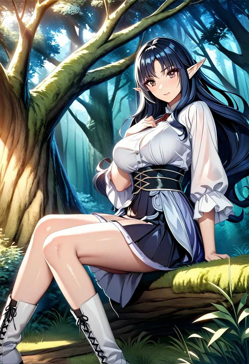 dark elf girl, upskirt, pussy, no panties, no underwear, white skirt, white top, hand on head, wind blowing hair, black hair, mountain view, night time, nsfw, nipples through shirt