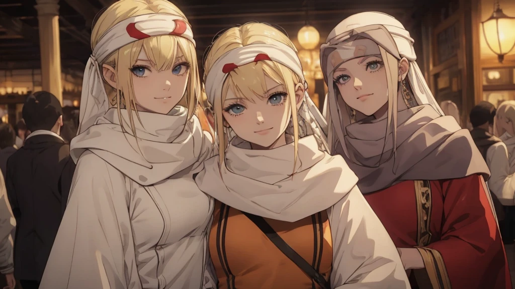 masterpiece best quality blonde、2girl standing、 cowl headband evil smile evil grin standing together hugging
