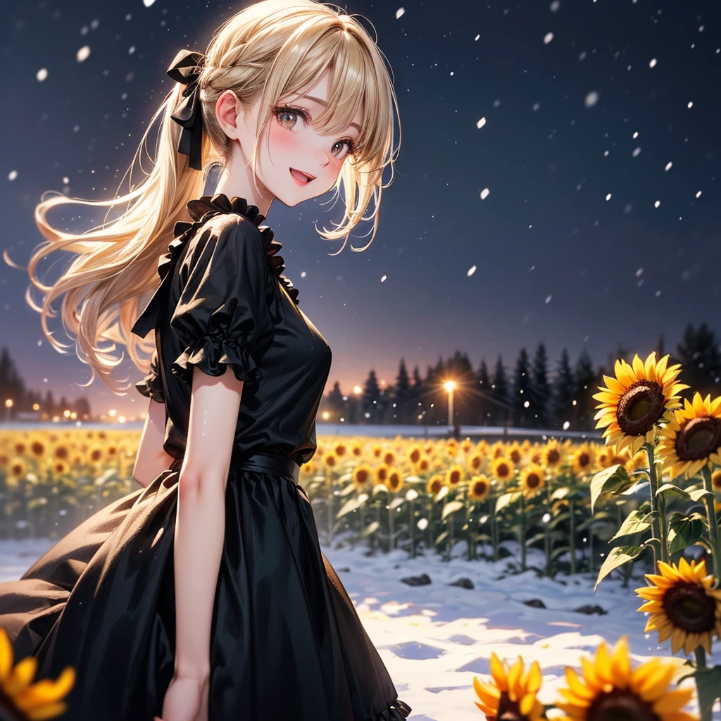 (​master piece),(top-quality:1.2),(perfect anatomy),((1 girl)),((solo)),exquisitedetails,Vibrant colors, Soft tones,(yellow and black dress, Beautiful frills:1.2),beautiful detailed eyes,blonde long hair,ponytail hair,small breasts,(snow and sunflowers),Standing in a park full of sunflowers,(many sunflowers bloom),(It's snowing:1.2),The atmosphere is full of happiness and laughter,soft pastel tones,Create an ethereal atmosphere like a dream,Bokeh,film lighting,(sideways glance),from side,wide shot,(fusion of summer and winter)