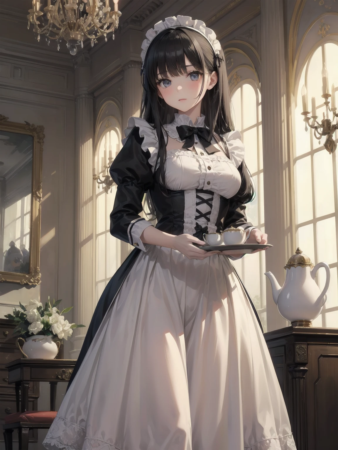 Illustration of a beautiful girl in a cute pose,(Masterpiece: 1.2), (Best quality: 1.2), A cute girl with long black hair, dressed in a classic black and white maid outfit with frilly lace and a matching headband, is standing in a beautifully decorated Victorian-style parlor. She is holding a silver tray with a teapot and teacup, her expression a mix of professionalism and warmth. The background includes ornate furniture, a chandelier, and large windows with heavy drapes, all bathed in soft afternoon light. This illustration emphasizes the elegant and welcoming atmosphere of a high-class tea service