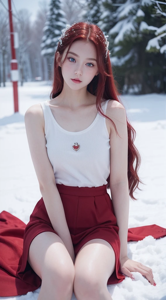 Pretty, beautiful girl 17 years with cherry red haur, blue eyes and snow white skin.