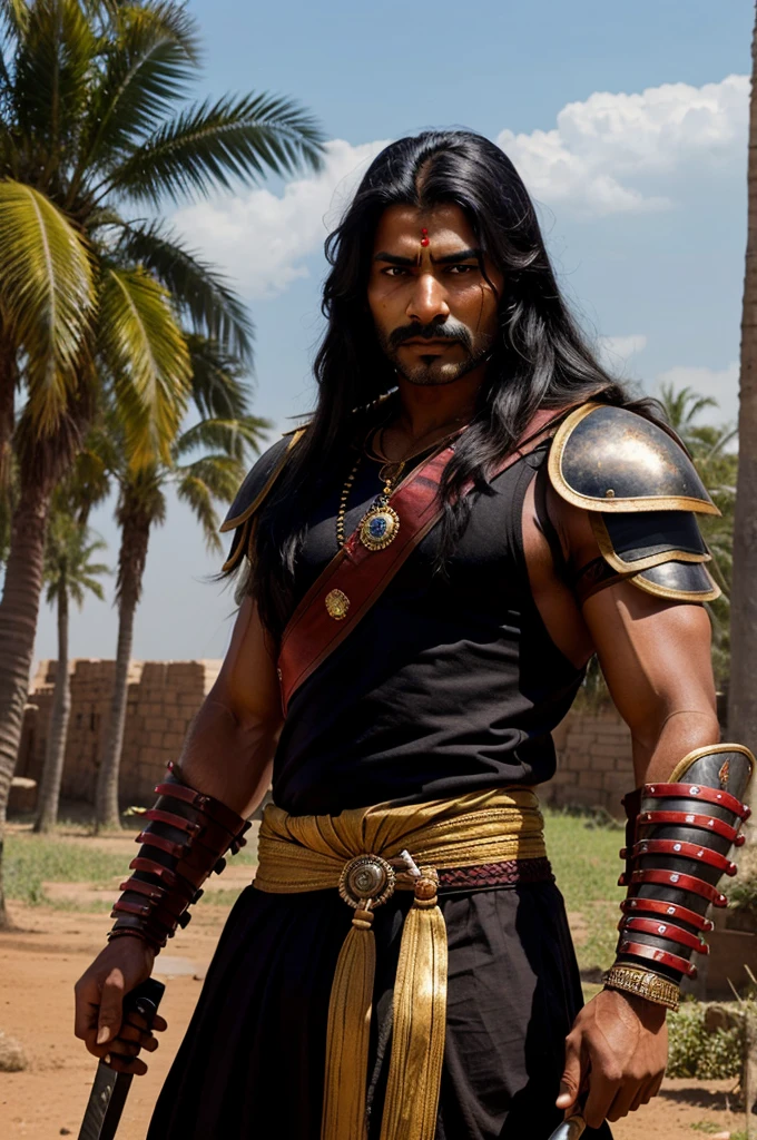 A fierce mascular male rajput warrior , in middle of the battlefield , long black hair , brown face , wearing full upper body armour , tilak on forehead , holding a large wide sword in his hand 