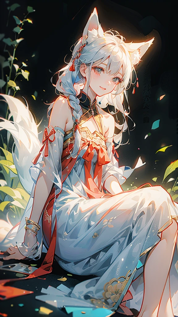 A fox girl image：Work clothes，new Chinese style;Everyday wear，Try various modern styles。White hair。Big fox ears in front of the morning，Human ears covered by hair and red braided rope，Appears as a hair tie、Work performance is post-production、Daily performance is side braid、The fox is represented as a collar，The arms, shoulders and neck have technological patterns。Holding a compass。Weird and funny words;Low sense of humor in communication;Expressing chatterbox，Easy to immerse yourself;Comprehension is a bit funny，Because we are exploring modern human society。，Background is ancient Chinese style，Sitting down reclining，Expression smile，Pupil royal blue，Smaller character，A little more background