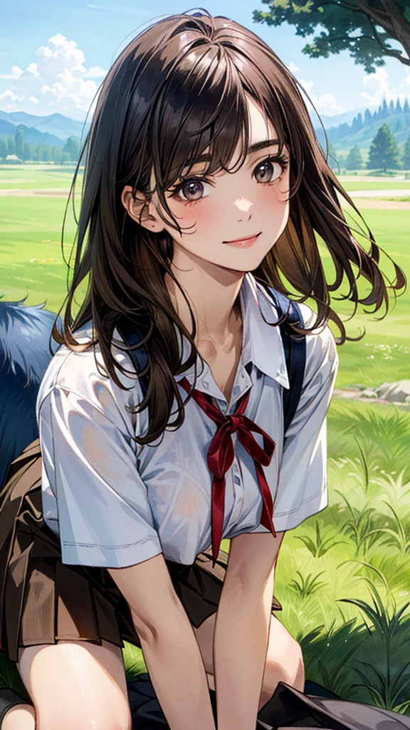 (masterpiece:1.2, top-quality, ultra high res, ultra detailed), (realistic, photorealistic:1.4), beautiful illustration, (natural side lighting, movie lighting), 
looking at viewer, (face focus, upper body), 1 girl, japanese, high school dirl, perfect face, (perfect anatomy), cute and symmetrical face, , shiny skin, slender
(long hair:1.5, straight hair:1.2, sark brown hair), parted bangs, grey eyes, long eye lasher, (medium breasts), 
beautiful hair, beautiful face, beautiful detailed eyes, beautiful clavicle, beautiful body, beautiful chest, beautiful thigh, beautiful legs, 
((detailed cloth texture, short sleeve white collared shirts, navy blue pleated mini skirt, red neck ribbon), , , 
(beautiful scenery), A girl is on all fours in a grassy field. A large dog is hugging her back.
Her face is bright red, her brow is furrowed, her mouth is open, and she looks delighted. Her large breasts and nipples are standing out, even through her shirt. The skirt is shorter than normal, but even shorter. The girl has brown hair.

(Very short skirt).