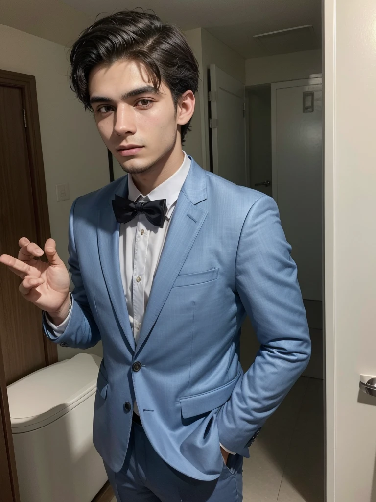 22-year-old Brazilian man in a suit with his hand in his pocket, short hair without beard, no quarto selfie 🤳🏽 realista, and great quality
