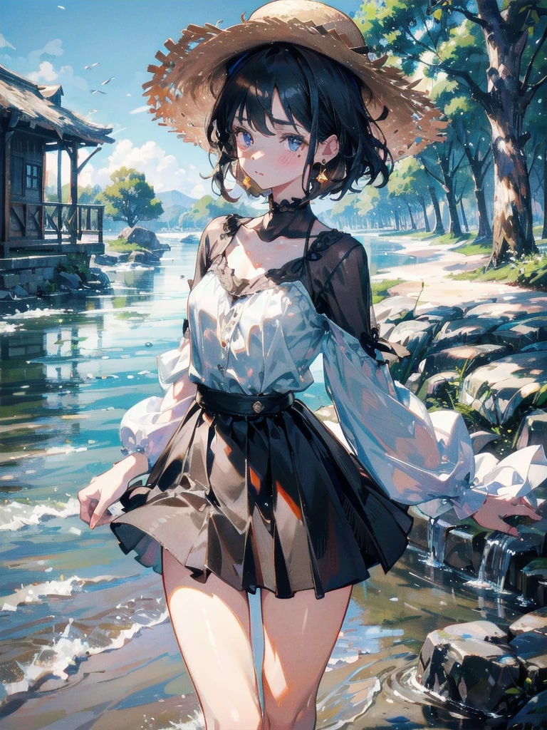 absurdres, RAW photo, extremely delicate and beautiful, masterpiece, Best Quality, ultra high resolution, 32k, hyperrealistic, ultra-detailed, perfect figure, Perfect Style, Perfect balance, in her 20s, very small head, very small face, delicate facial features, tearful mole, earring, very huge round breasts, full body shot, whole legs, short medium hair, wavy hair, outdoor, blouse, bare collarbone, skirt, straw hat,