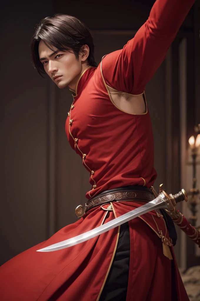 A swordsman in red clothes