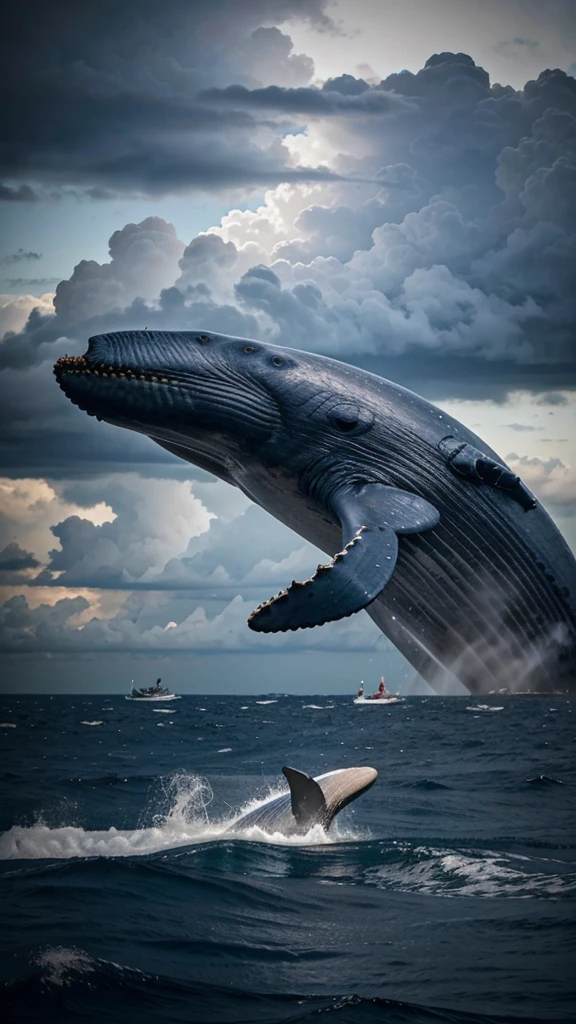A man with white clothes swim in middle a sea.There is super big blue whale with mouth open in front of him. Storm everywhere. Dark sky.