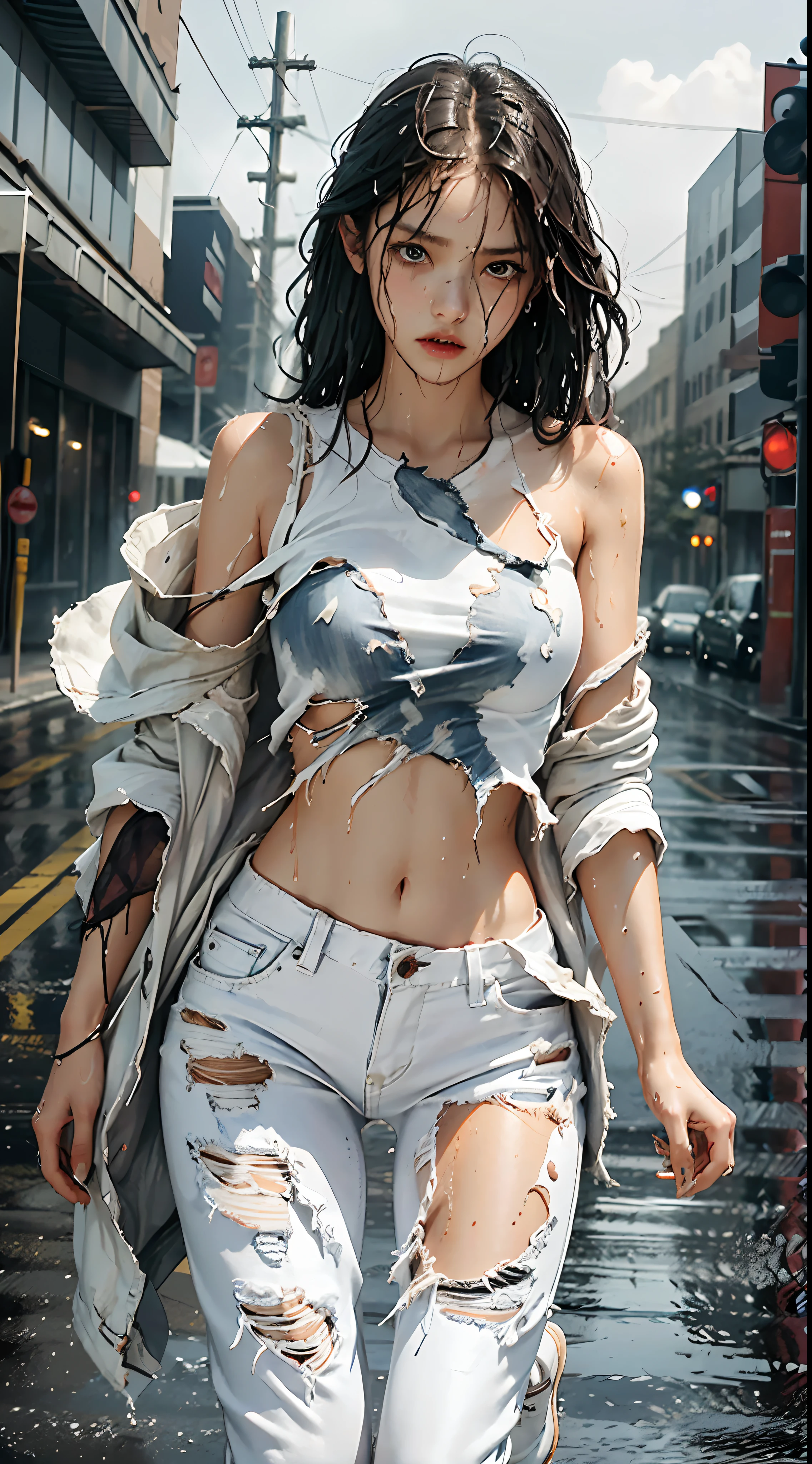 Best image quality, masterpiece, Ultra-high resolution, (Faithfulness:1.4), photograph, 1 girl, White shirt, Ripped jeans, White sneakers, dim, darkness, despair, disappointing, poor, movie, tears, tears滴, (Torn clothes:1.5), (Wet clothes:1.4), Exposing shoulders, Real Rain, Wet Hair,..