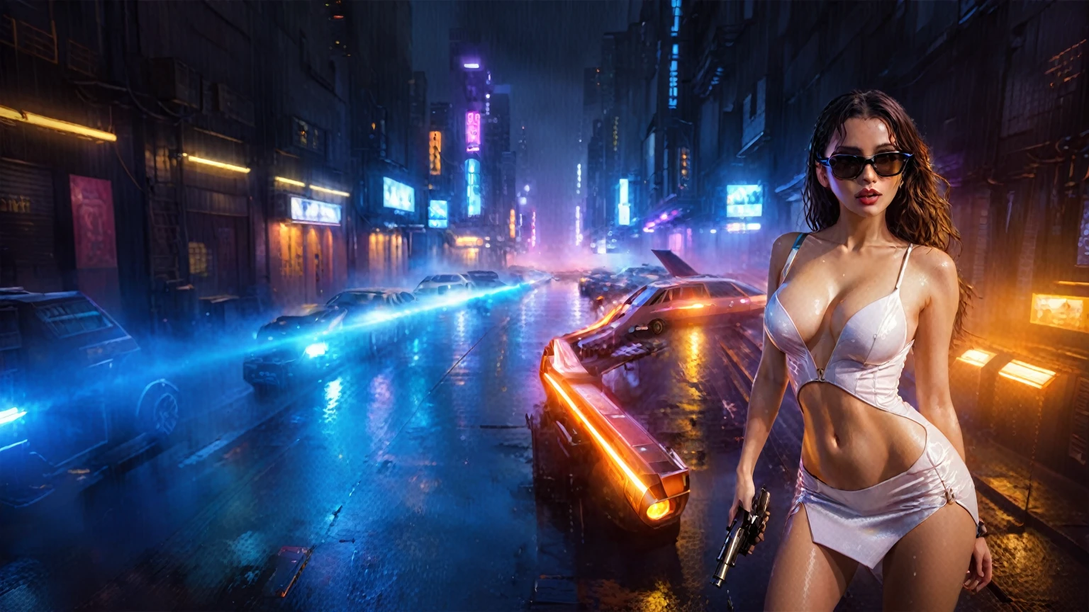 (((aerial view))), (flying cars docking platform), Blade Runner style futuristic city alley, neon lights, rainy night. (1girl, solo, alone), large-breast:1.2 slim body, cleavage:1.1, sexy wind blowing wet dress:1.4, headphone, (black sunglasses), (((she raised a pistol:1.8 and shot:1.8 the viewer))), dynamic pose, (((half-body thigh level medium shot))), cinematic lighting, lens flare, ray tracing, zoom-in blurred:1.4 background.