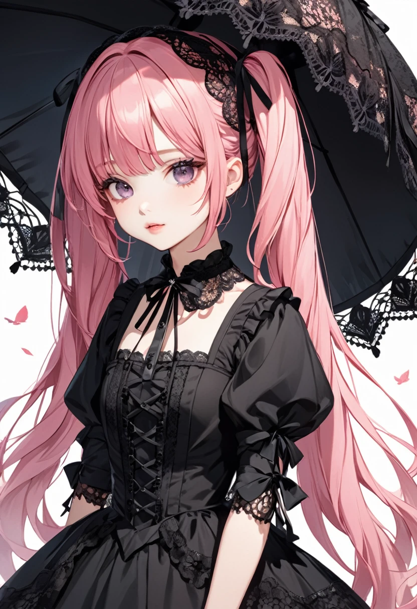 A beautiful girl with long pink hair, twin tails and a ribbon on her head. She is wearing a black gothic lolita outfit with lots of lace and a black lace parasol. Cute and beautiful.
