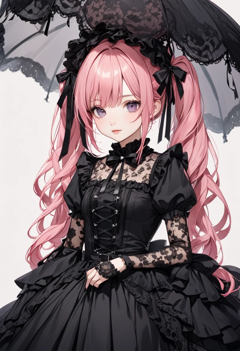 A beautiful girl with long pink hair, twin tails and a ribbon on her head. She is wearing a black gothic lolita outfit with lots of lace and a black lace parasol. Cute and beautiful.