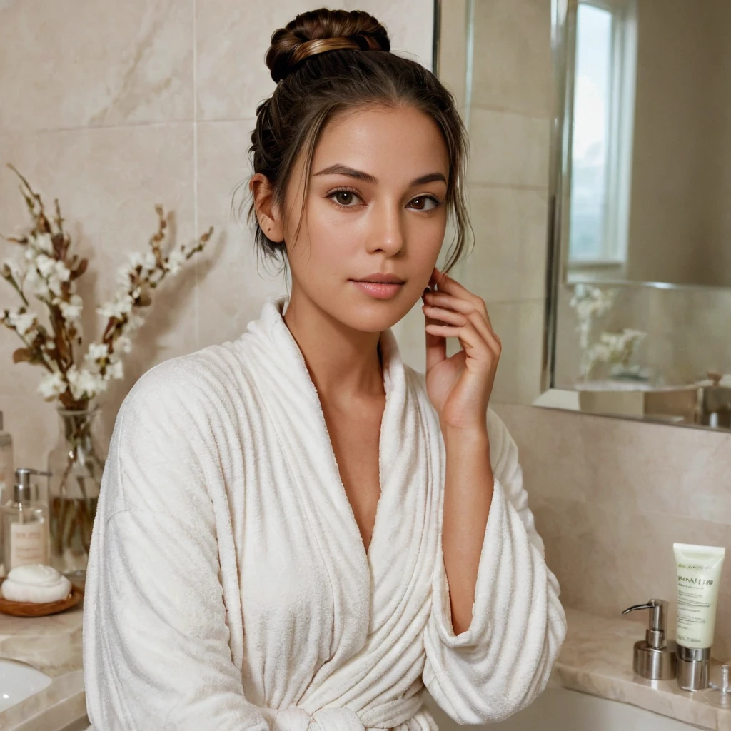anikaxxx, a beautiful woman with flawless skin, in a serene and elegant bathroom setting. She is wearing a comfortable, stylish robe, with her hair tied back in a neat bun. anikaxxx is gently applying a high-quality facial cream to her face, her expression calm and focused. The bathroom features marble countertops, a large mirror, and soft, natural lighting that highlights her radiant skin. Emphasize clear, healthy skin, a serene atmosphere, and a sense of self-care and relaxation.