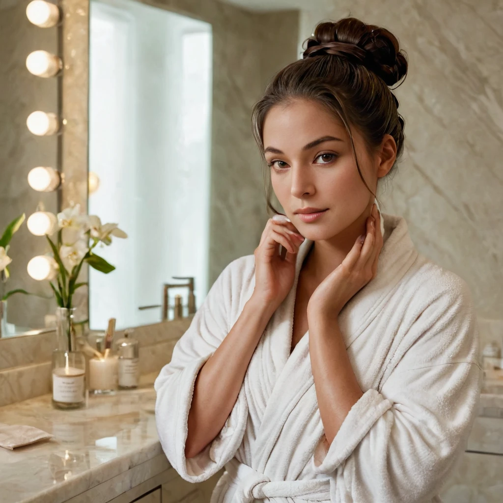 anikaxxx, a beautiful woman with flawless skin, in a serene and elegant bathroom setting. She is wearing a comfortable, stylish robe, with her hair tied back in a neat bun. anikaxxx is gently applying a high-quality facial cream to her face, her expression calm and focused. The bathroom features marble countertops, a large mirror, and soft, natural lighting that highlights her radiant skin. Emphasize clear, healthy skin, a serene atmosphere, and a sense of self-care and relaxation.