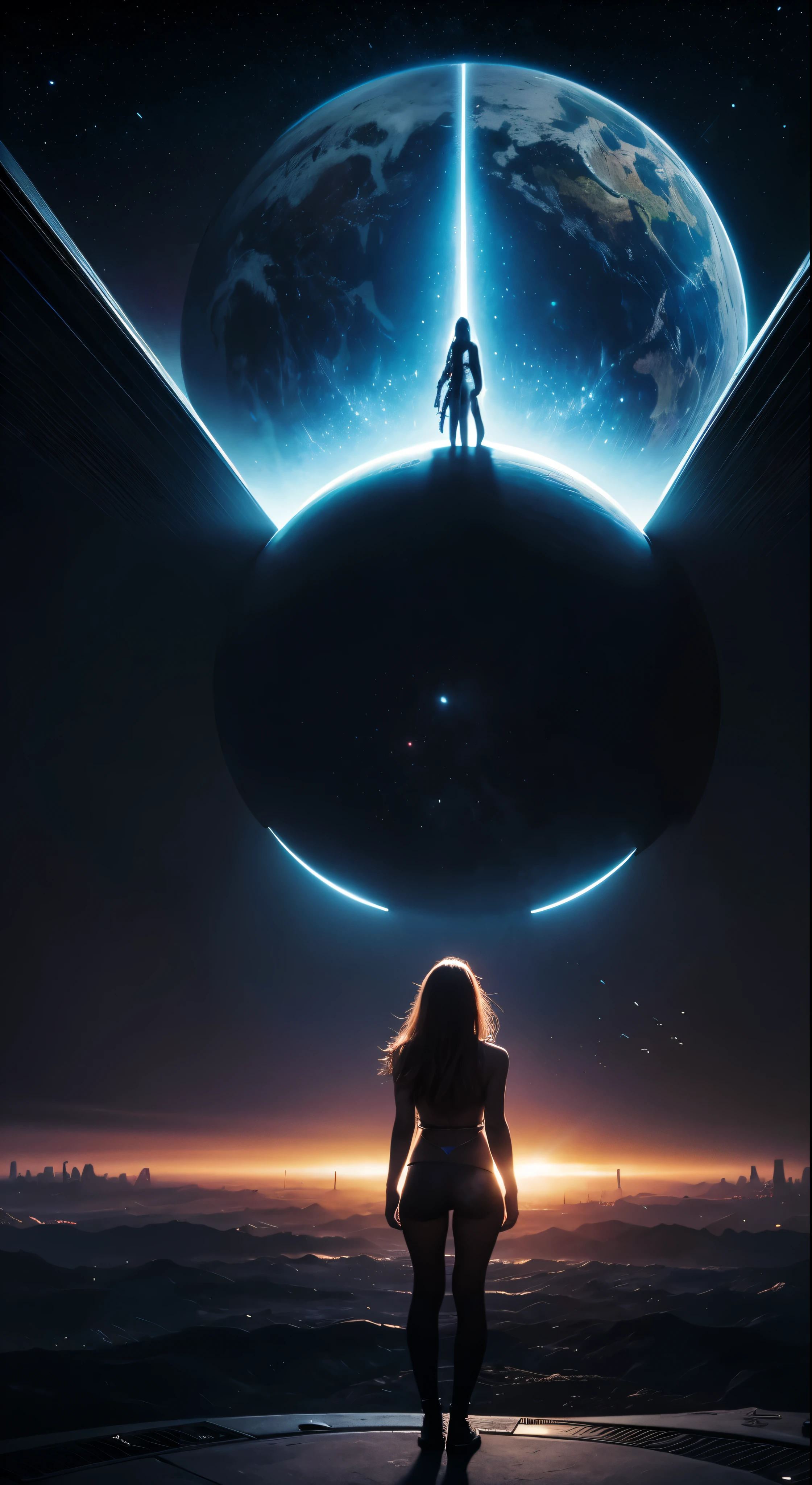 there is a woman standing in front of a painting of a planet, futuristic city in background, psytrance artwork, interconnected human lifeforms, panoramic view of girl, progressive rock album cover, dream of the endless, star dust, galaxy, stoner rock --ar 16:9 --v 5.1