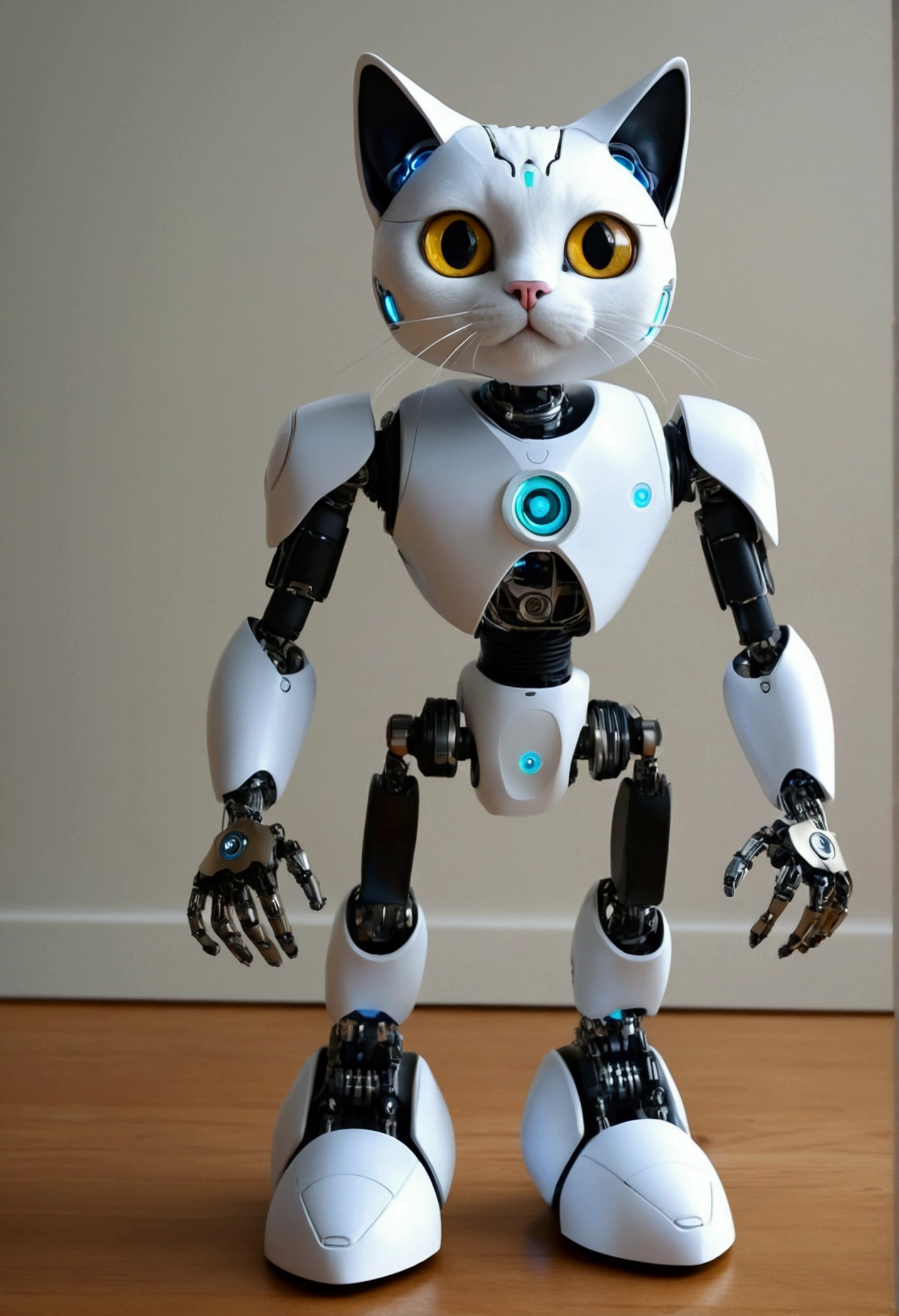 Draw a cute, masculine humanoid cat with robotic features. The cat must have a friendly and charismatic appearance, with big and expressive eyes. Your ears and tail must be cat's, but your legs and arms must have robotic elements, such as metal joints and visible circuit boards. Add details like a small digital display on one ear and soft LED lights on the arms and legs for added charm.. The setting could be a futuristic environment, but welcoming, like a room with high-tech elements and toys scattered across the floor."