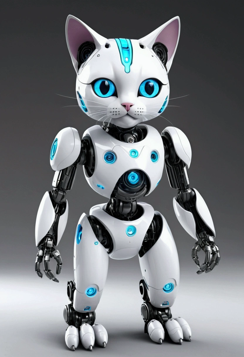 Draw a cute, masculine humanoid cat with robotic features. The cat must have a friendly and charismatic appearance, with big and expressive eyes. Your ears and tail must be cat&#39;s, but your legs and arms must have robotic elements, such as metal joints and visible circuit boards. Add details like a small digital display on one ear and soft LED lights on the arms and legs for added charm.. The setting could be a futuristic environment, but welcoming, like a room with high-tech elements and toys scattered across the floor."