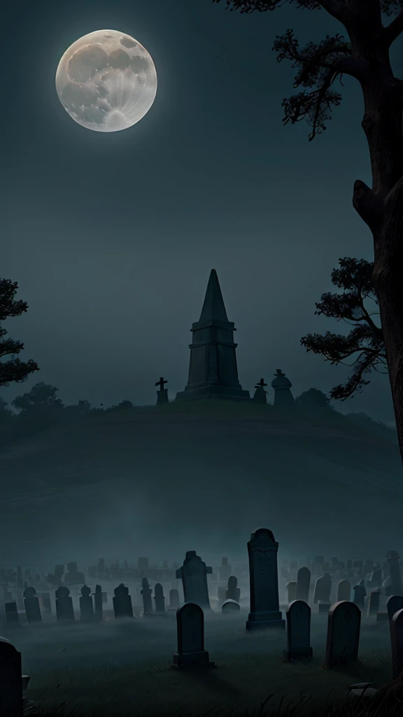  A foggy, moonlit cemetery, old gravestones , with dark shadows, graveyard,night scene,horror,creepy, haunted 