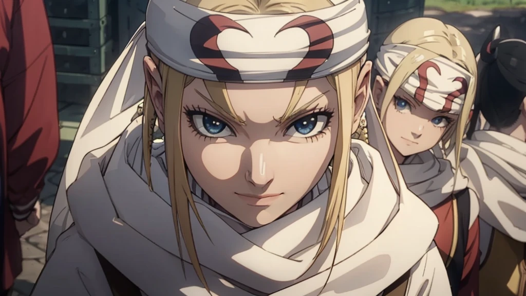 masterpiece best quality blonde、2girl standing、 cowl headband evil smile evil grin standing together hugging