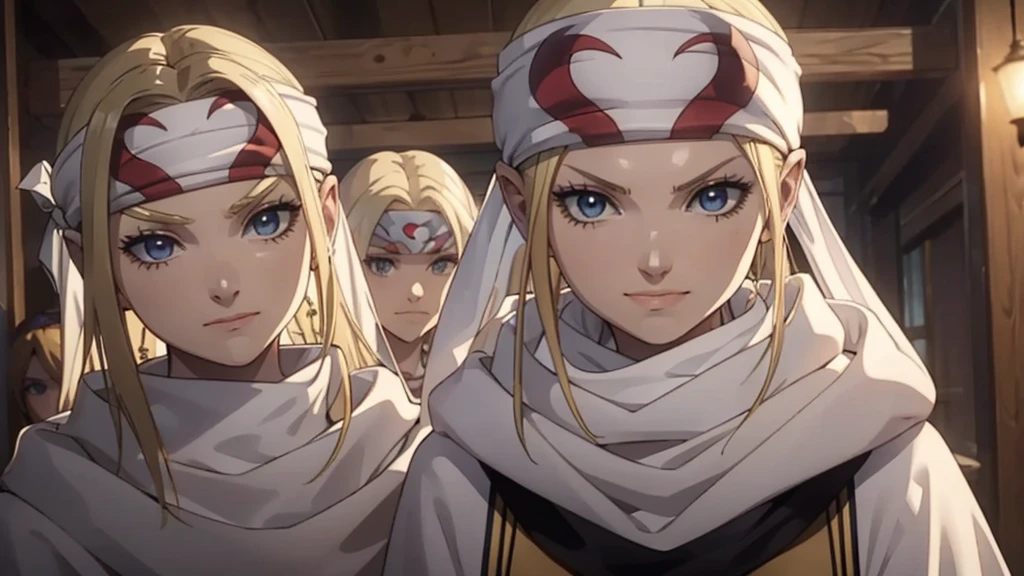 masterpiece best quality blonde、2girl standing、 cowl headband evil smile evil grin standing together hugging