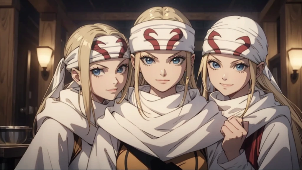  masterpiece best quality  blonde、2girl standing、 cowl  headband evil smile evil grin standing together hugging 