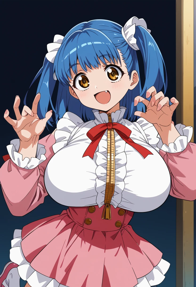 (Tuile(gravion),huge breasts,blue hair,yerrow eyes,twintail,two side up),(tuck out,white shirt,white frill,red ribbon,red waist ribbon,gold zipper,gold bottun,pink mini skirt,Pink sleeves,Pink Shoes、white frill wrist,White socks),smile,open mouth,fang