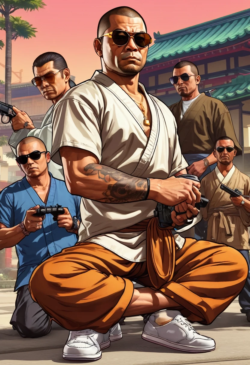 grand theft auto,grand theft auto ,, Japanese monk、Small、Expert、strongest、Round sunglasses、