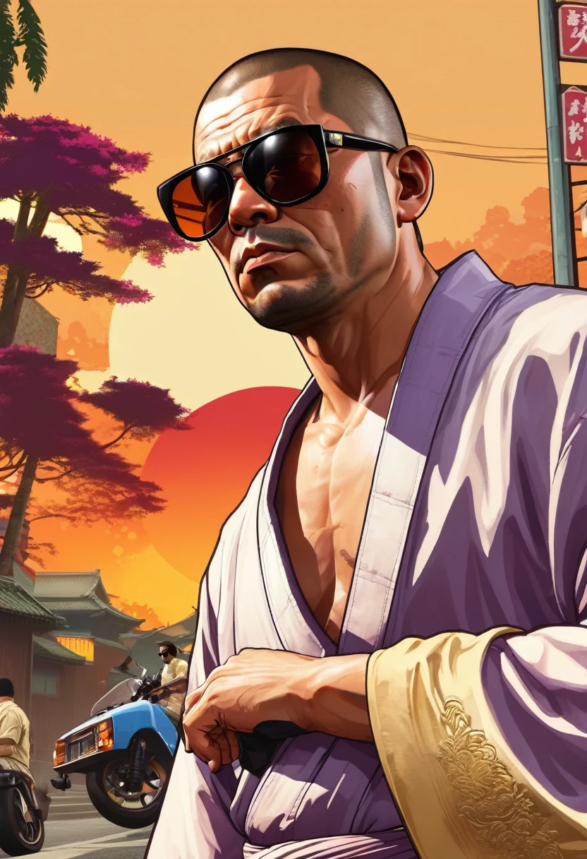 grand theft auto,grand theft auto ,, Japanese monk、Small、Expert、strongest、Round sunglasses、