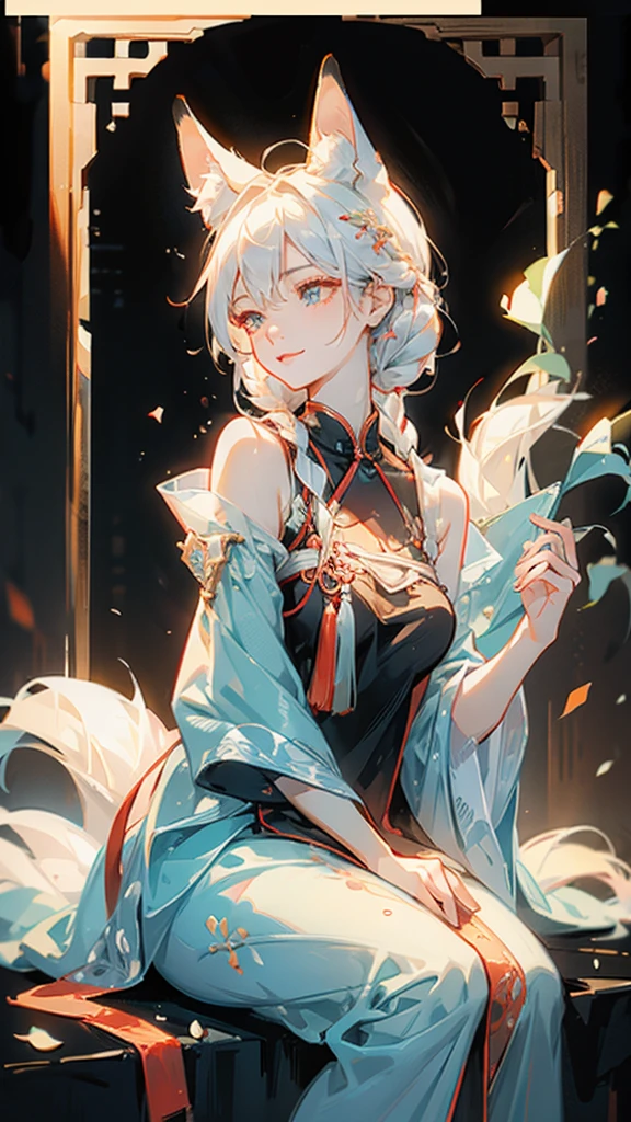 A fox girl image：Work clothes，new Chinese style;Everyday wear，Try various modern styles。White hair。Big fox ears in front of the morning，Human ears covered by hair and red braided rope，Appears as a hair tie、Work performance is post-production、Daily performance is side braid、The fox is represented as a collar，The arms, shoulders and neck have technological patterns。Holding a compass。Weird and funny words;Low sense of humor in communication;Expressing chatterbox，Easy to immerse yourself;Comprehension is a bit funny，Because we are exploring modern human society。，Background is ancient Chinese style，Sitting down reclining，Expression smile，Pupil royal blue，The whole character is in the picture
