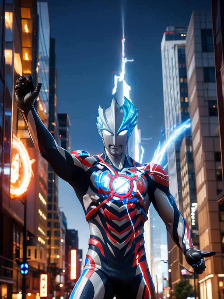 Ultraman blazar was in town at night with a flaming body effect, hd, 3d, 4k 