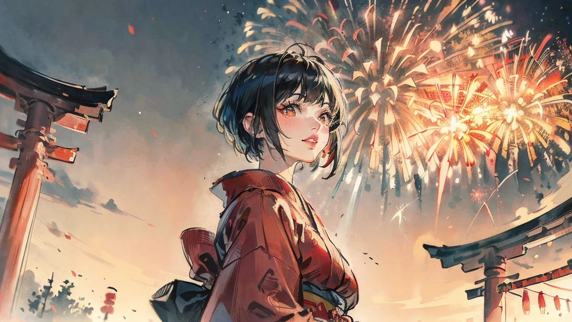 (((beautiful girl))), (((red cheek))),(((Pixie Cut))) ,(((Chuckle-Smile))),(((torii))), (((shoot from below))),(((from side))),(((Gazing Skyward))),(((night))),(((Super huge fireworks))), (((Super huge full moon))), (Lips are red:1.5),20-year-old, Watercolor, masterpiece, Highest quality, Very delicate and beautiful girl,Very delicate and beautiful, world masterpiece theater, Super detailed, Very detailedな, Highest quality,(((fancy red kimono)))。 (((Black Hair))), (((Black Hair))), (((Black Hair))), (((Upper Body))), (((Upper Body))), (((Upper Body))), (((Upper Body))), (((Upper Body))), (((Upper Body))), High resolution, Very detailed,5 girls, Highest quality, figure, masterpiece, Highest quality, Accuracy, A woman in her twenties from the late Edo period, He has a modern anime-like face.