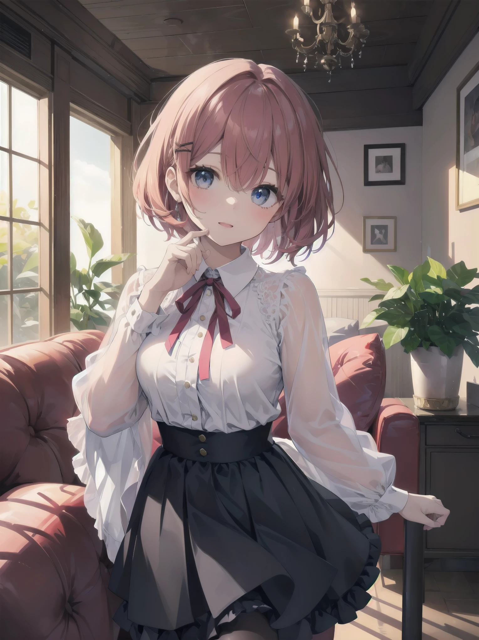 Scene Description: - Composition: Portrait. Focus on the face. Shot from the front. - Subject: Cute girl. (Chibi:1.1). Real person. - Features: - Face: (Cute round face:1.2). - Eyes: Detailed dark blue eyes. - Hair: One-leg bob-cut hair down the front with a large ribbon hairpiece, (golden hair), (red inner hair), auburn hair, hair between the eyes. - Body: Detailed slender body. Large breasts. - Clothing: Pink ruffled blouse, flares, blue ribbon tie, long ruffled sleeves, layered skirt. - Expression: happy expression. Mouth open. - Pose: head tilted back. She is looking at the viewer. - Background: living room of a trendy café. - Elements: Houseplants. Cute pastel sofa. Cute pastel curtains. Cute pastel-colored wallpaper. Time: Daytime. Lighting: (Natural light: 1.4). Art Style: Watercolor. Traditional media. Quality: Intricate details. Highly detailed. Outstanding complexity. (Masterpiece: 1.2). (Highest quality: 1.2). (Absurd absolute resolution: 1.4). Mood: Calm,