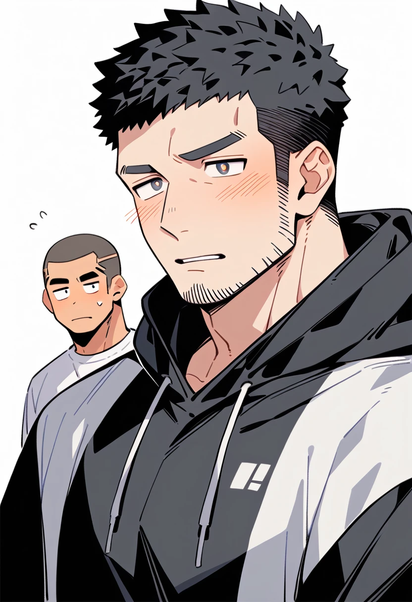 anime characters:Priapus, Dark-skinned muscular athlete, They hugged each other, Buzz Cut, Manliness, male focus, Sports tight hooded sweatshirt, Very tight, full and perky chest muscles, muscular male, muscular, only, Upper body, alone, Red short hair, Thick eyebrows, stubble, Brown-red pupils, White background, simple background, amazing quality, best aesthetics, Ridiculous, crew cut, parted lips, flustered, endured face, shy, blush, negative space, negative space, best quality