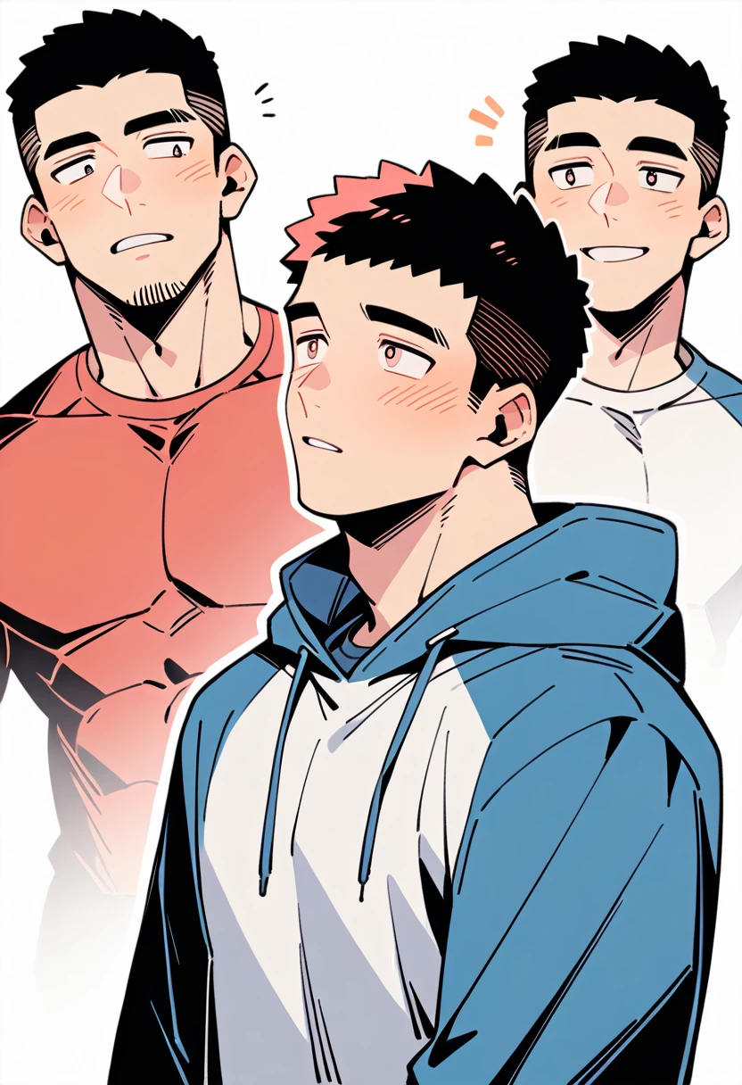 anime characters:Priapus, Dark-skinned muscular athlete, They hugged each other, Buzz Cut, Manliness, male focus, Sports tight hooded sweatshirt, Very tight, full and perky chest muscles, muscular male, muscular, only, Upper body, alone, Red short hair, Thick eyebrows, stubble, Brown-red pupils, White background, simple background, amazing quality, best aesthetics, Ridiculous, crew cut, parted lips, flustered, endured face, shy, blush, negative space, negative space, best quality