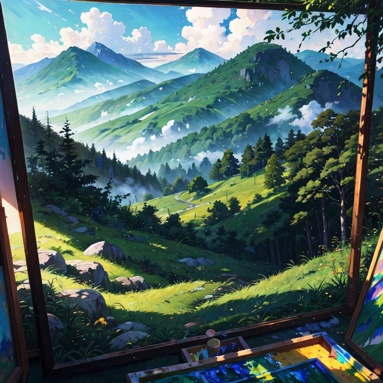 painting of distant green mountains and distant forest starting from the base of the mountains with lush greenery, for real, Beautiful and stunning landscape oil painting Hayao Miyazaki Studio Ghibli'Petal grassland with blue sky and white clouds--v6, no lakes, no rivers, body of water