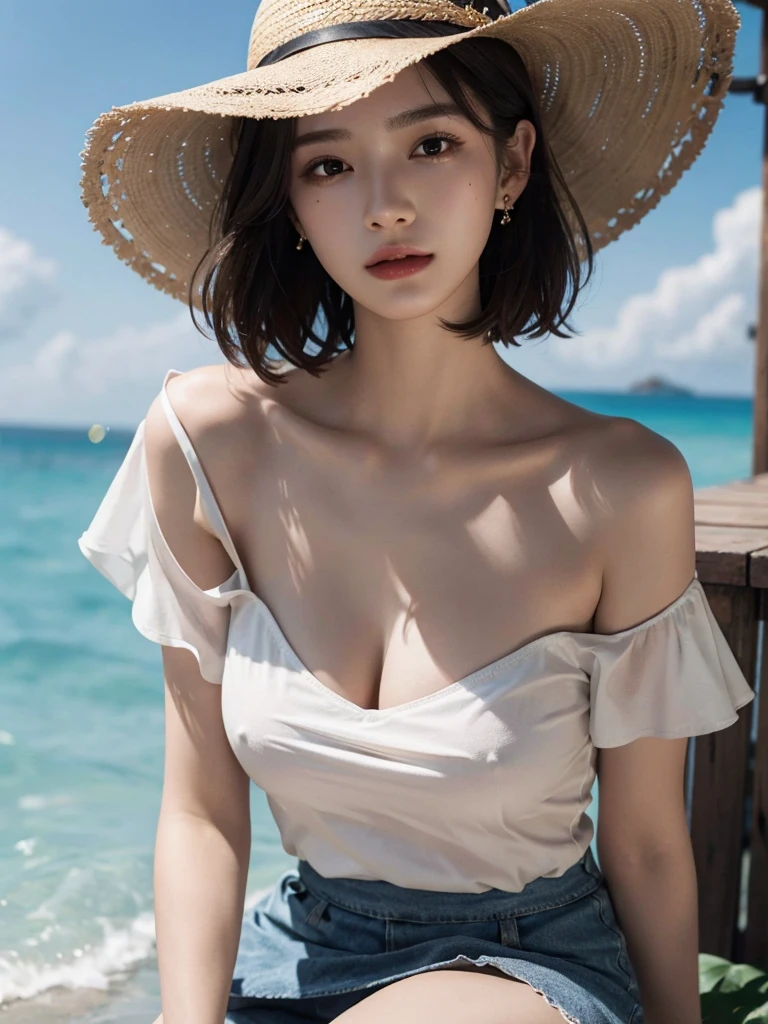 absurdres, RAW photo, extremely delicate and beautiful, masterpiece, Best Quality, ultra high resolution, 32k, hyperrealistic, ultra-detailed, perfect figure, Perfect Style, Perfect balance, in her 20s, very small head, very small face, delicate facial features, tearful mole, earring, (very huge round breasts:1.2), full body shot, whole legs, short medium hair, wavy hair, outdoor, blouse, bare collarbone, skirt, straw hat,