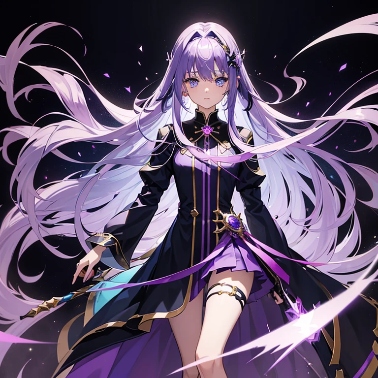 cure slave(magical girl, blue eye, purple hair, long straight hair, blue side line in dark purple dress, gold vertical line in black coat), light blue feather hair pin, broken heart accessory, light purple fling sword,