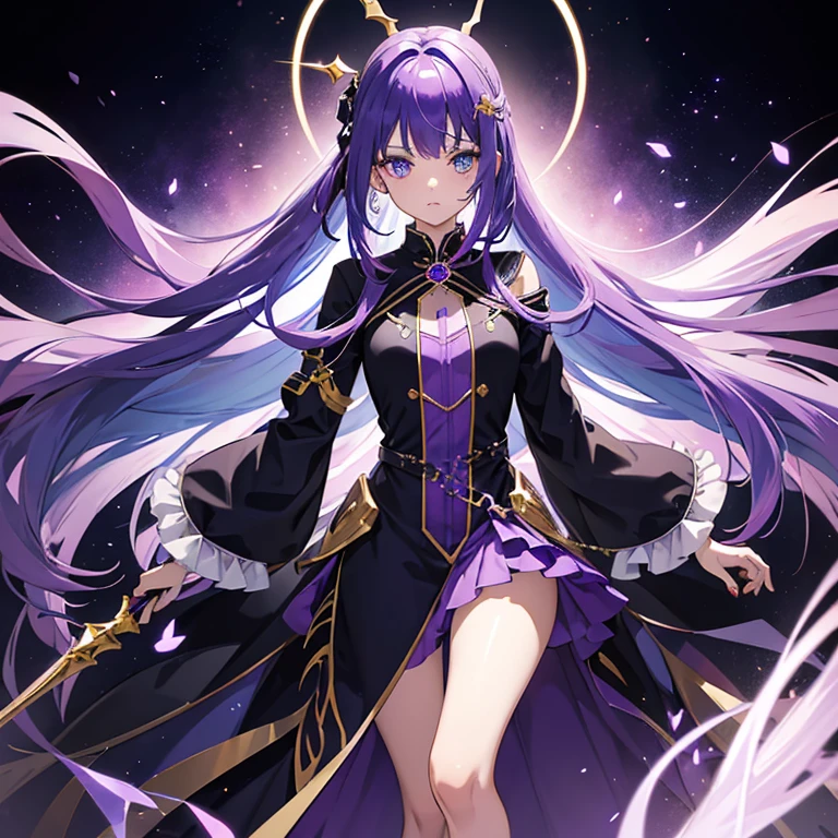 cure slave(magical girl, blue eye, purple hair, long straight hair, blue side line in dark purple dress, gold vertical line in black coat), light blue feather hair pin, broken heart accessory, light purple fling sword, vaginal insertion(1 man, 1girl, kneeing)