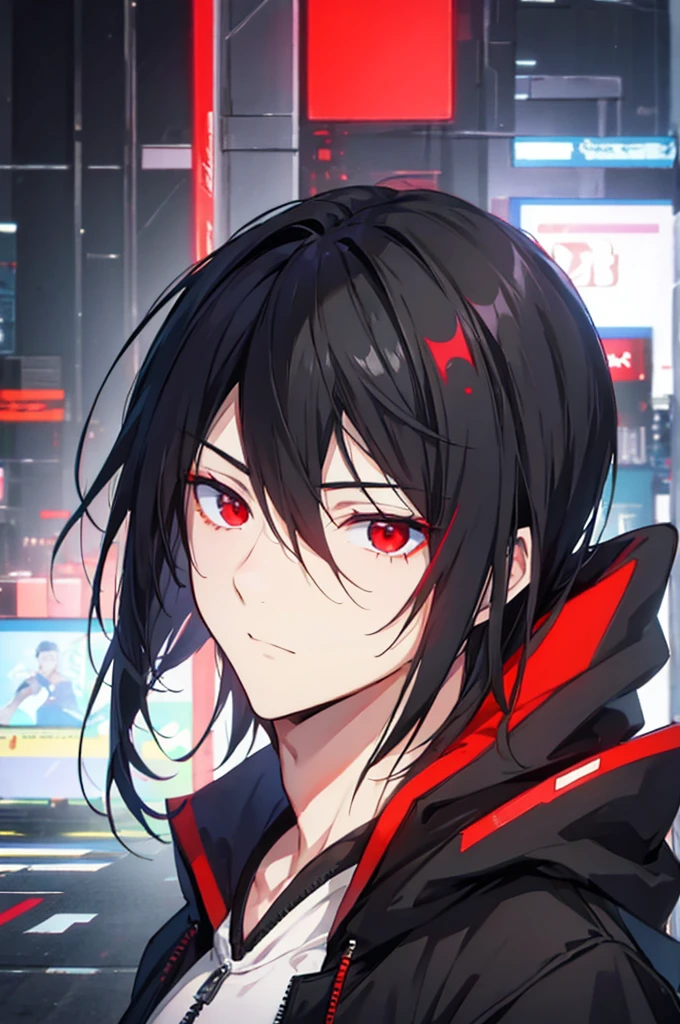 portrait, male, beauty, black hair, red eyes, cyberpunk, white jumper, black hoodie, friendly personality