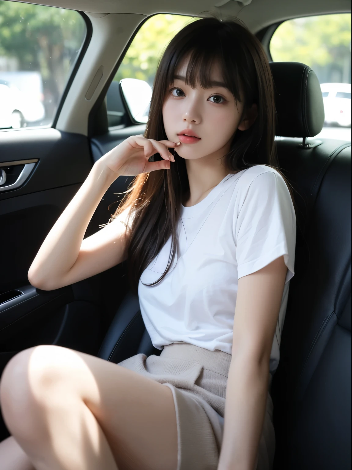 (8k, Top quality, Masterpiece:1.2), (Realistic, photo-realistic:1.37), Super detailed, perfect anatomy, a Japanese, girl, cute, small eyes, 18 years old, blunt bangs, in car, sitting driver's seat,