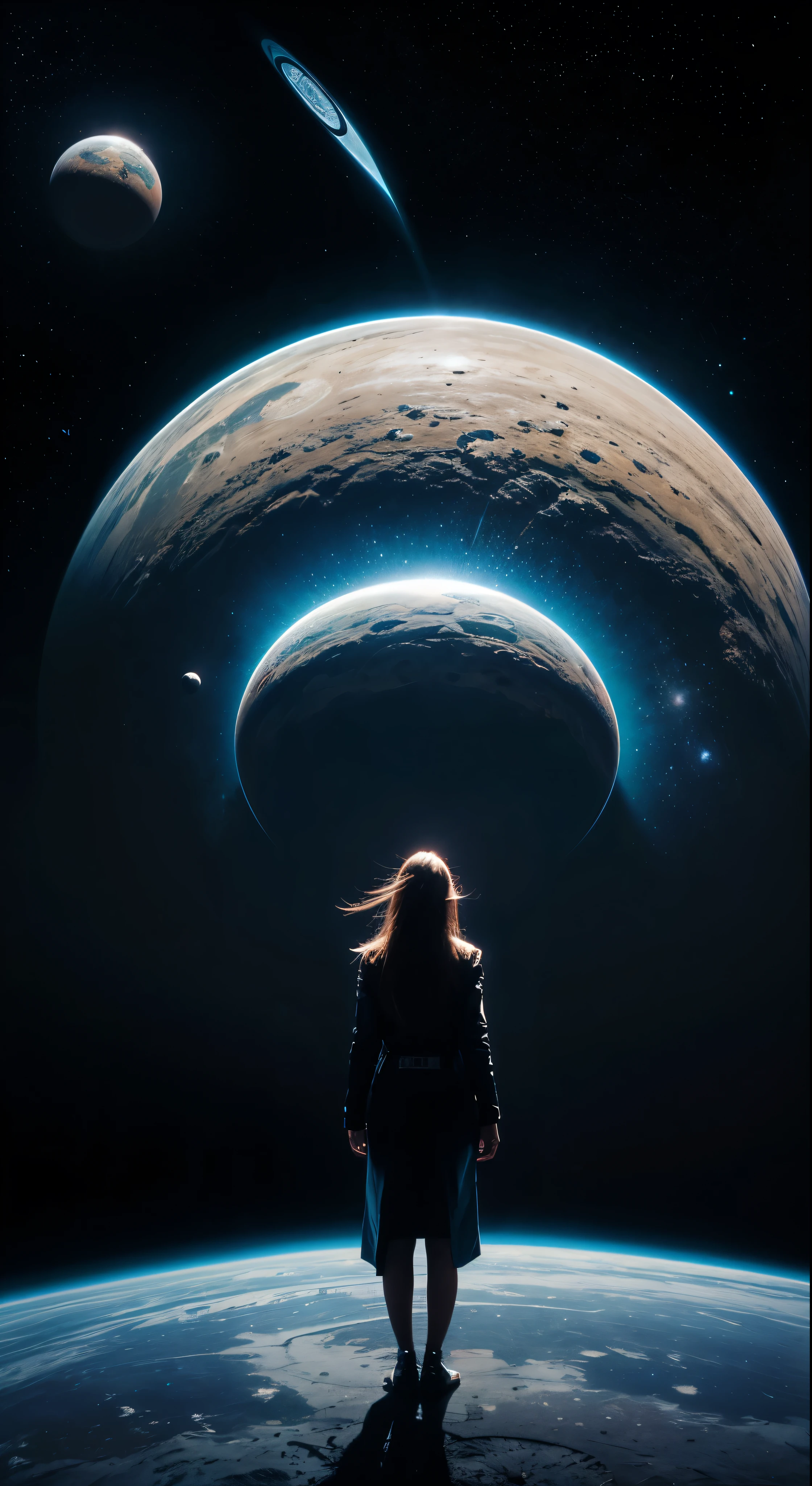 there is a woman standing in front of a painting of a planet, futuristic city in background, psytrance artwork, interconnected human lifeforms, panoramic view of girl, progressive rock album cover, dream of the endless, star dust, galaxy, stoner rock --ar 16:9 --v 5.1