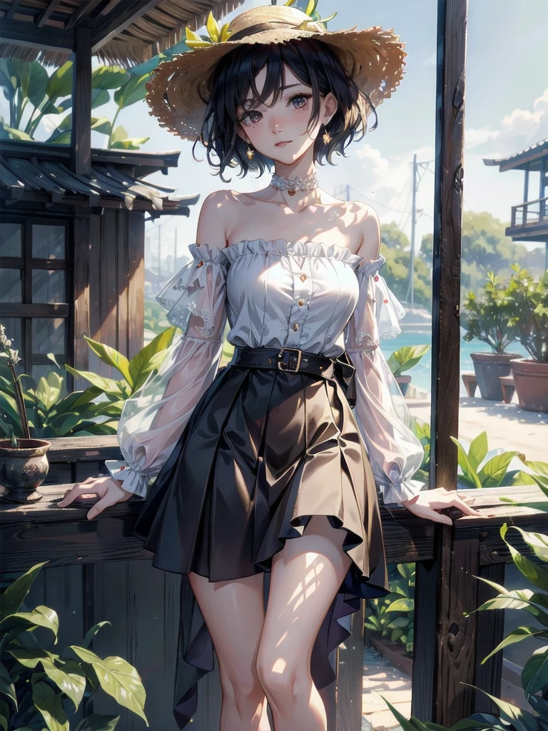 absurdres, RAW photo, extremely delicate and beautiful, masterpiece, Best Quality, ultra high resolution, 32k, hyperrealistic, ultra-detailed, perfect figure, Perfect Style, Perfect balance, in her 20s, very small head, very small face, delicate facial features, tearful mole, earring, very huge round breasts, full body shot, whole legs, short medium hair, wavy hair, outdoor, blouse, bare collarbone, skirt, straw hat,